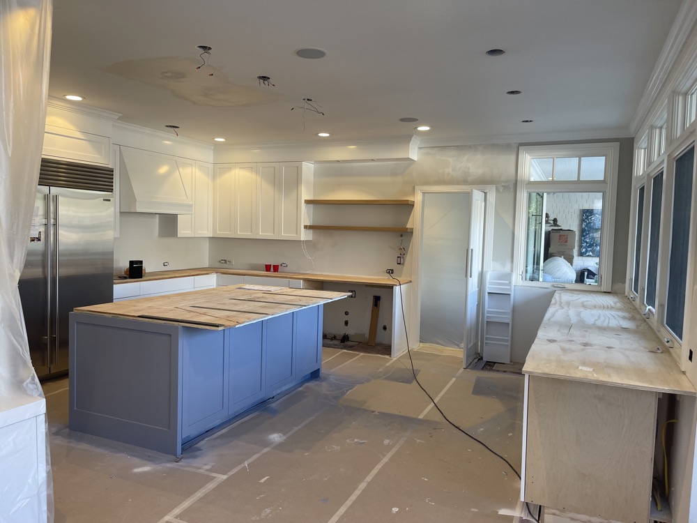 Kitchen with blue island